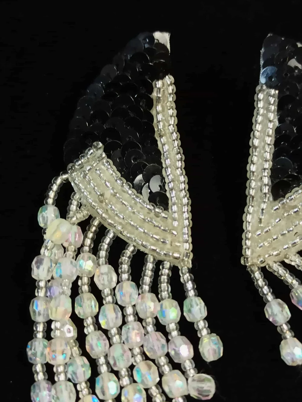 80's Black Sequin Beaded Fringe Earrings Dramatic Dangle Pierced
